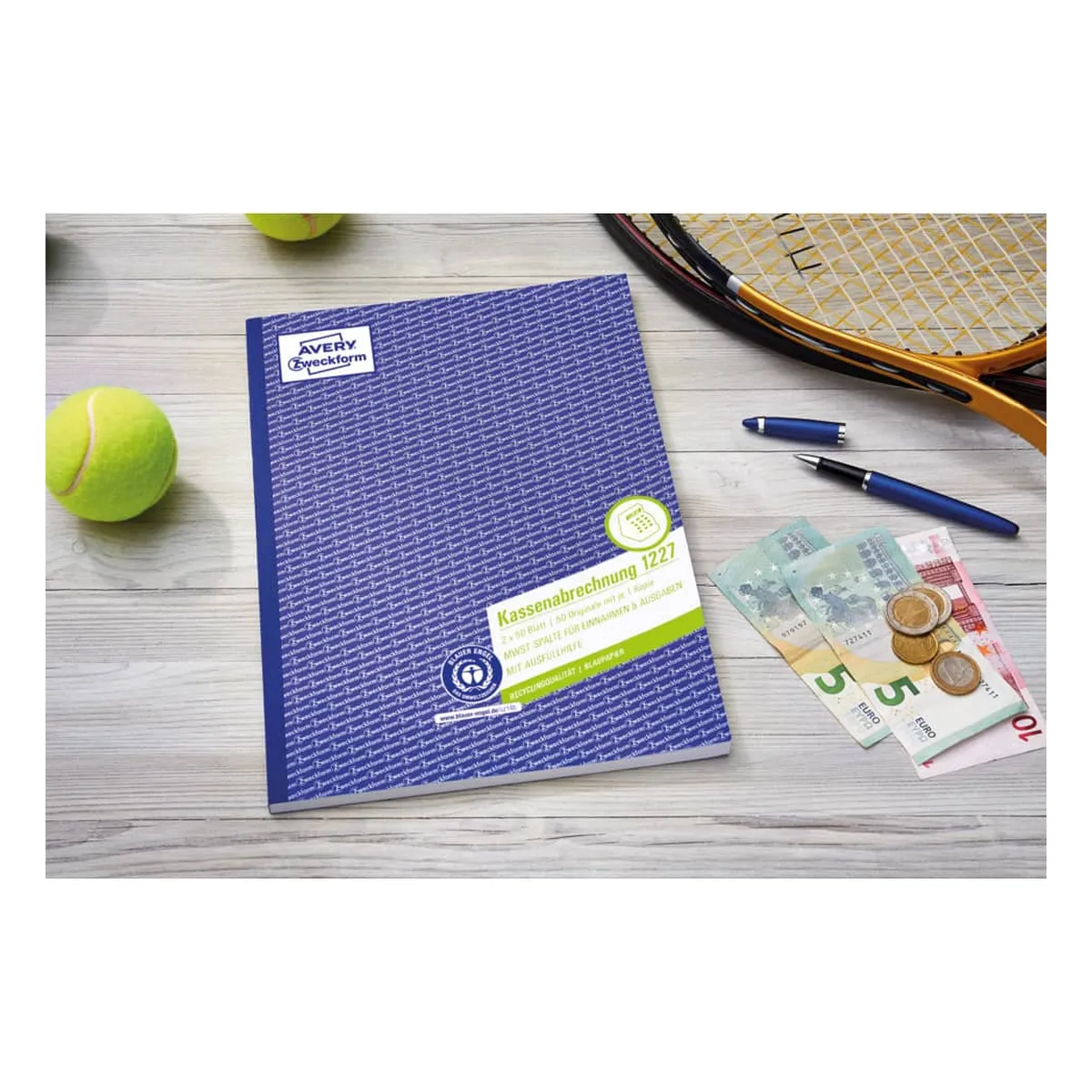 AVERY ZWECKFORM Kassenabrechnung - MwSt.-Spalte, A4, Recycling, Blaupapier, 2x 50 Blatt