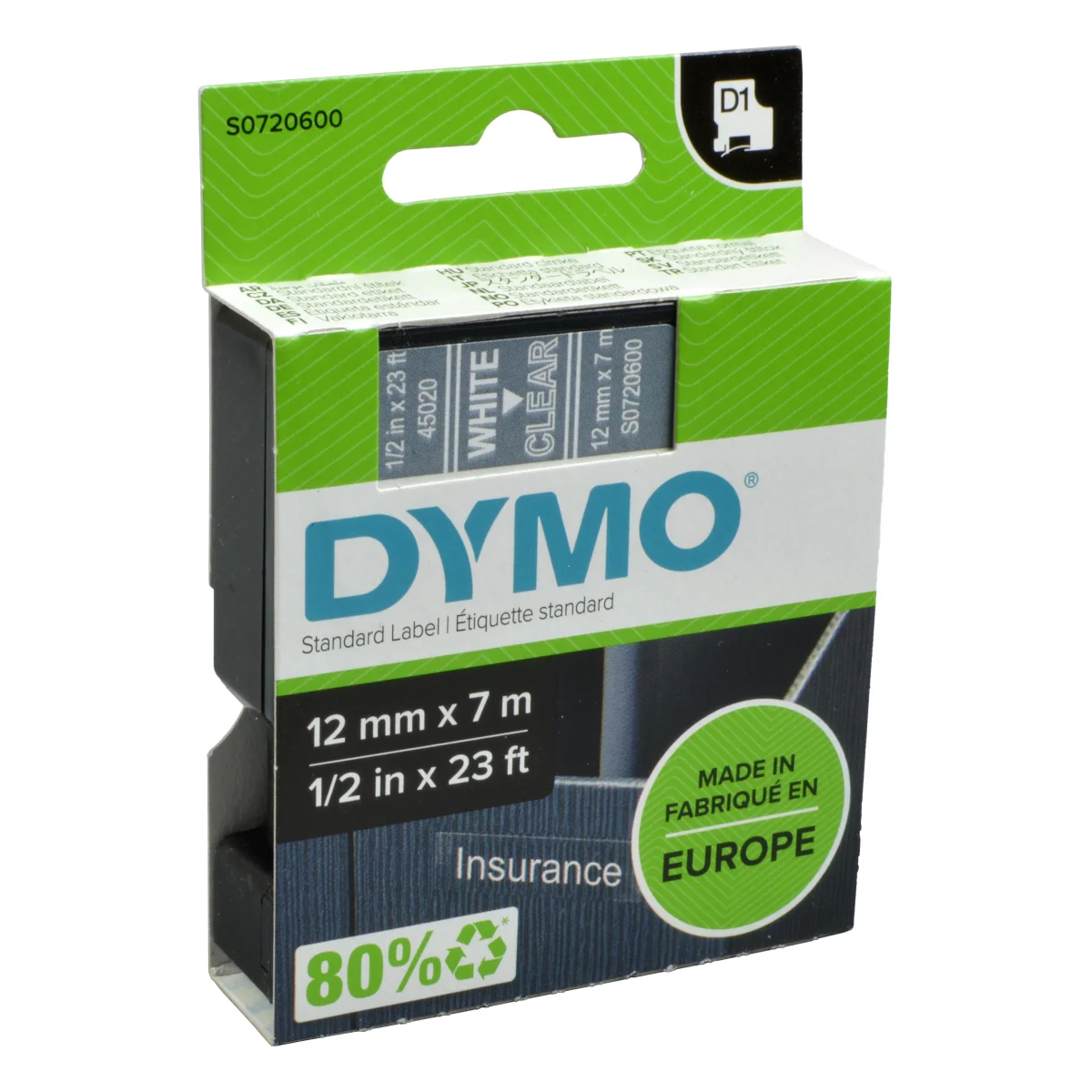 Dymo Label Band D1 45020 (S0720600) weiß auf transparent  12mm x 7m