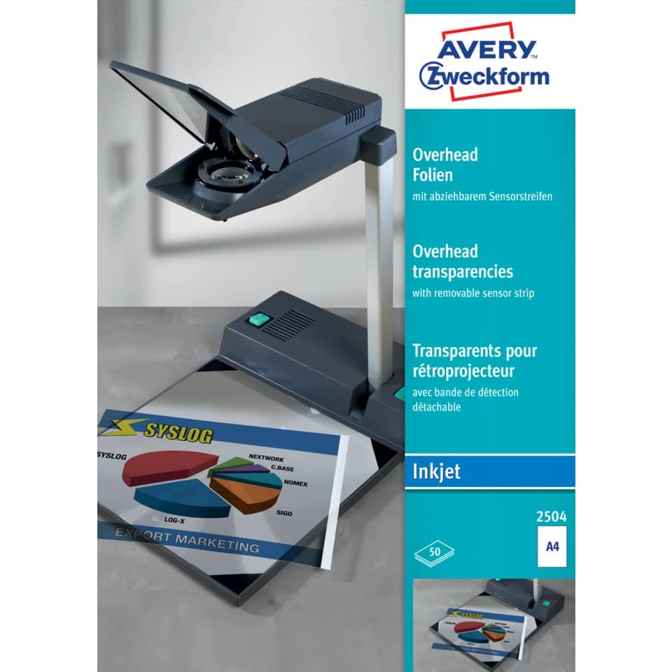 AVERY ZWECKFORM Overhead-Folien - A4, einseitig beschichtet, Sensorstreifen kurze Seite, 0,11 mm, 50 Blatt