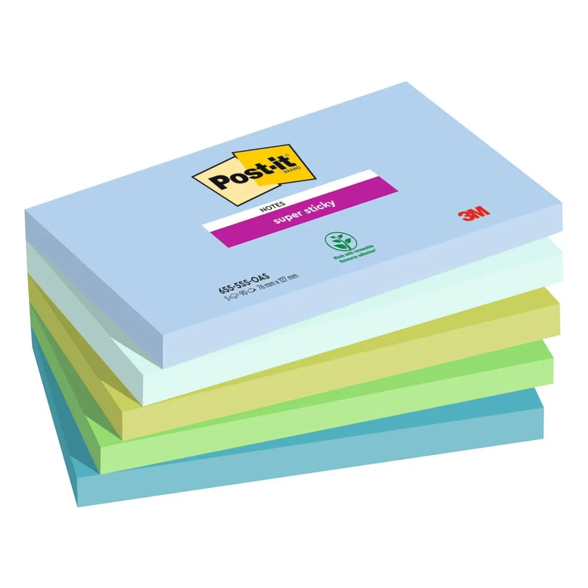 Post-it® SuperSticky Haftnotizblock Super Sticky Notes Oasis Collection - 127 x 76 mm, sortiert 5x 90 Blatt