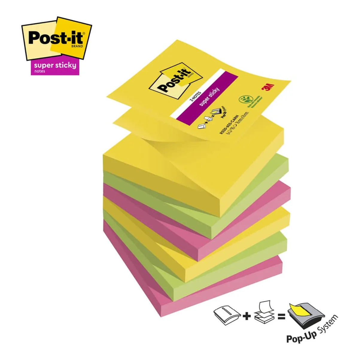Post-it® SuperSticky Haftnotizblock Z-Notes Carnival - 76 x 76 mm, 6x 90 Blatt, sortiert