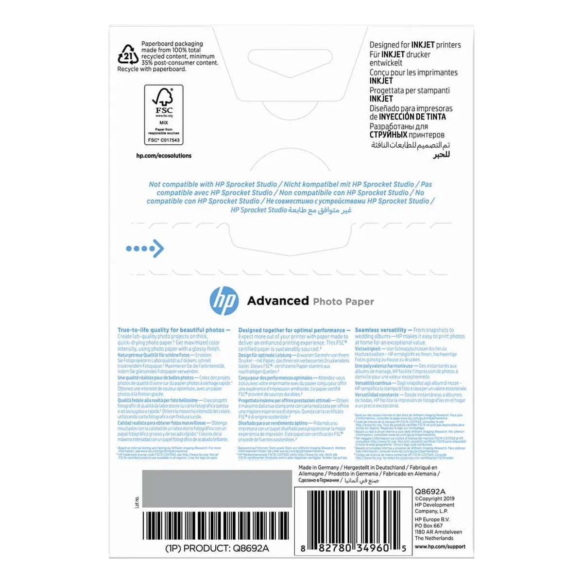HP Advanced Fotopapier Inkjet - 10x15cm, glänzend, 250 g/qm, 100 Blatt