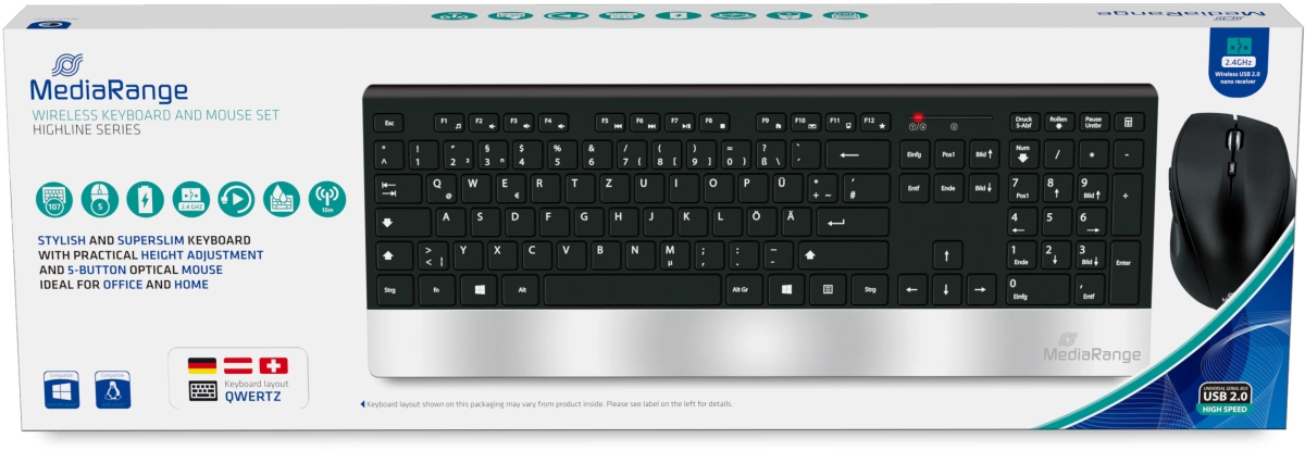 MediaRange Funk-Tastatur- und Maus-Set HIGHLINE, QWERTZ, schwarz/silber