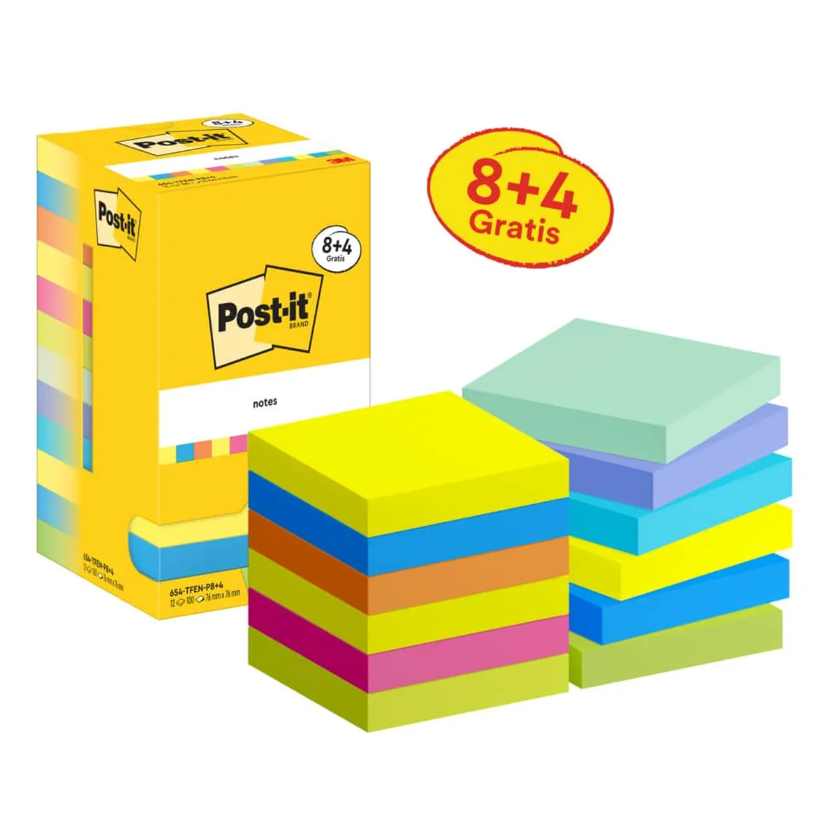 POST-IT Haftnotizblock Energetic - 76 x 76 mm, 8+4 Block x 100 Blatt, sortiert