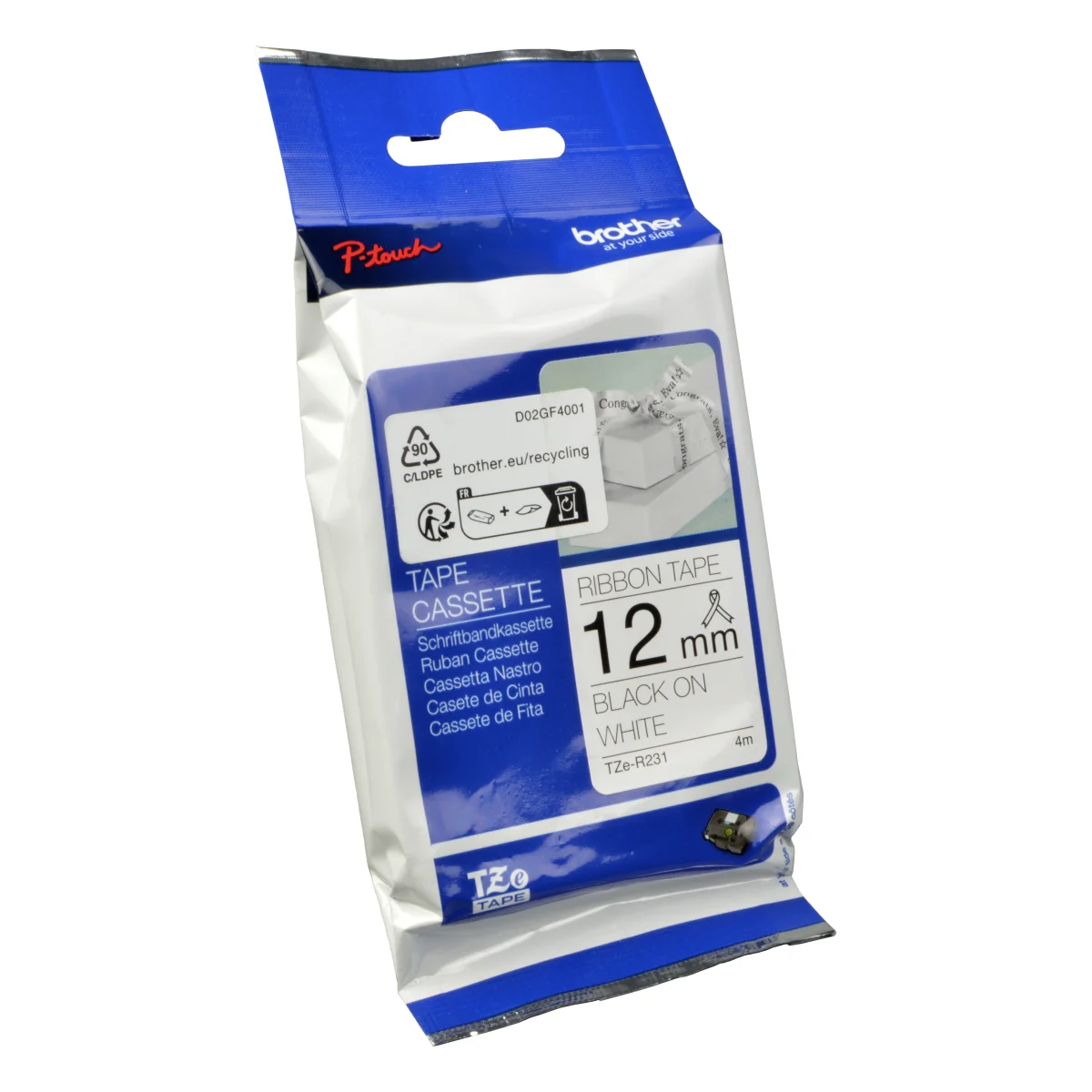 Brother Schriftband 12 mm TZE-R 231 schwarz auf weiß laminiert 4 m