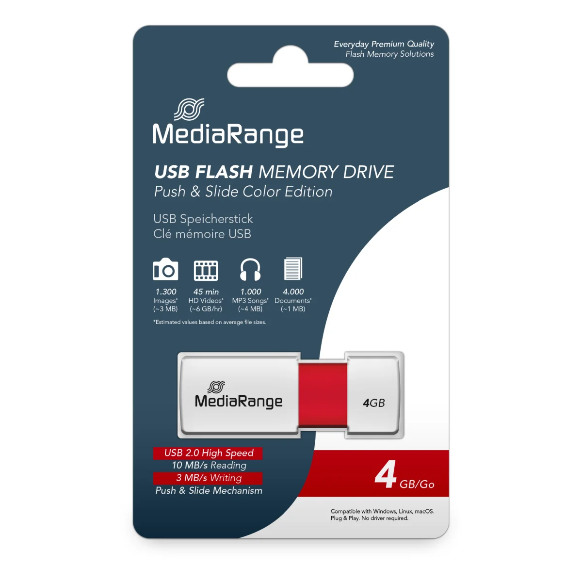 MediaRange USB-Speicherstick rot 4GB | mit Schiebemechanismus