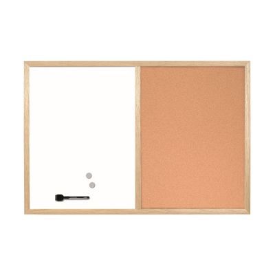 Kombitafel - 90 x 60 cm, Schreib- und Korktafel, braun/weiß, Holzrahmen