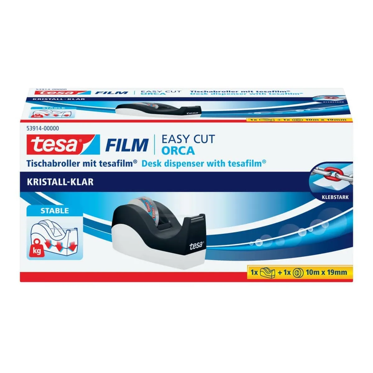 tesa® Tischabroller Easy Cut® Orca - für Rollen bis 33m : 19mm, schwarz/weiß