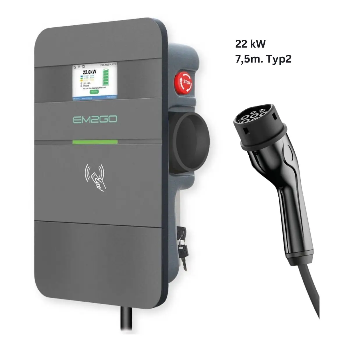 EM2GO AC Wallbox Pro Power 22kW 7.5m Typ 2 Kabel