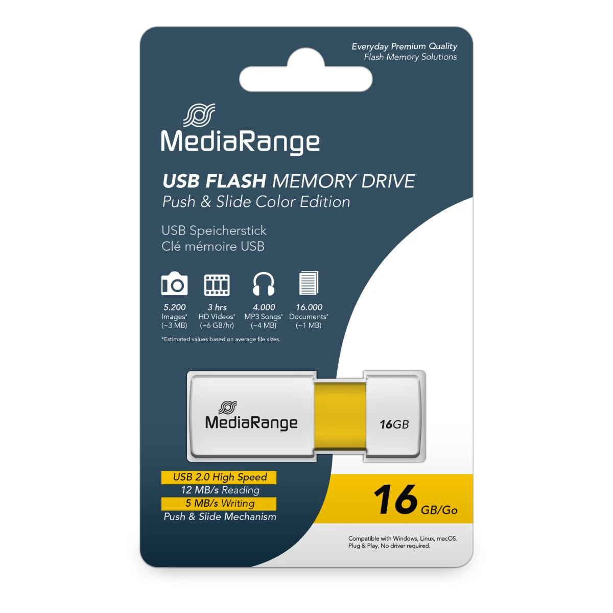 MediaRange USB-Speicherstick gelb 16GB | mit Schiebemechanismus