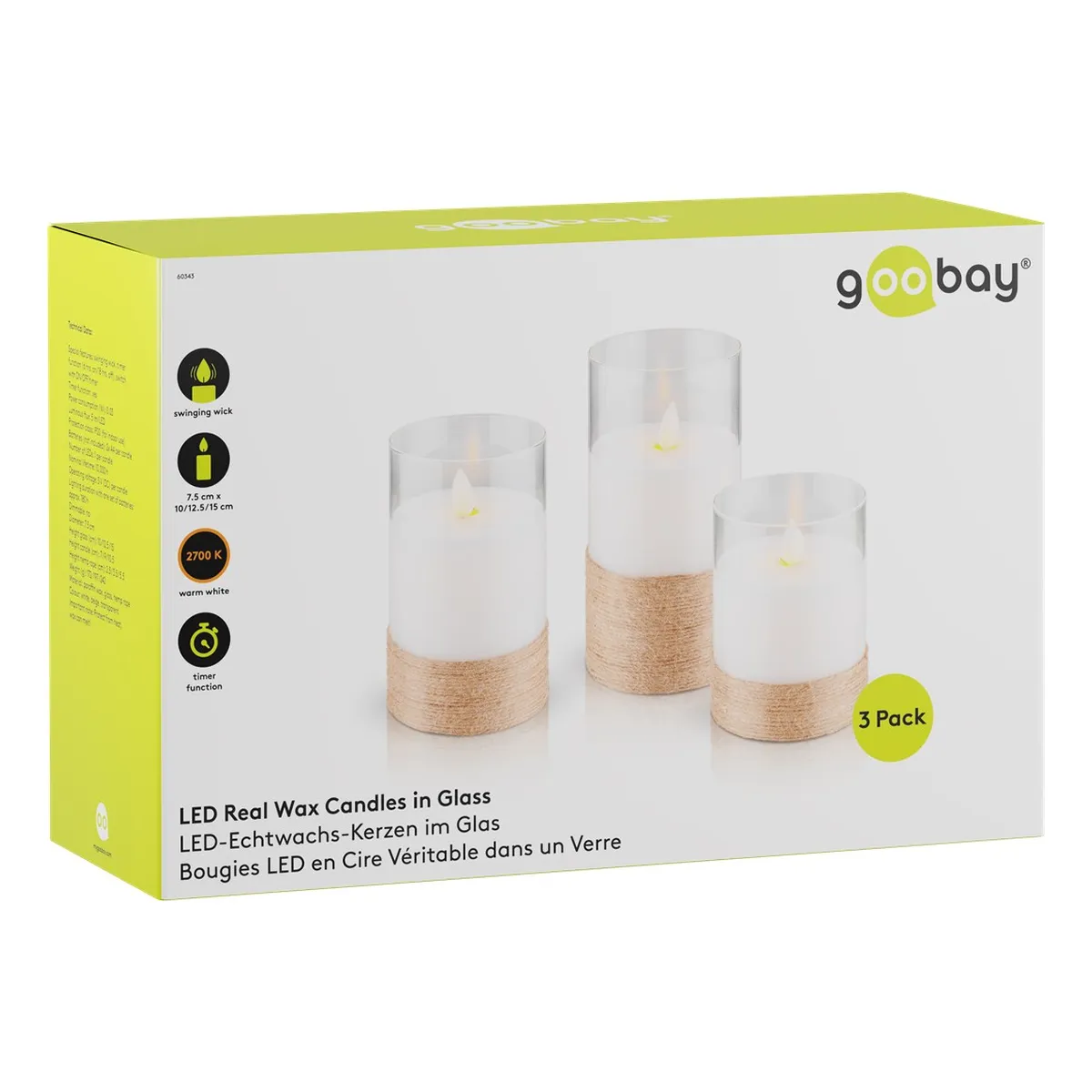 Goobay 3er-Set LED-Echtwachs-Kerzen im Glas, weiß