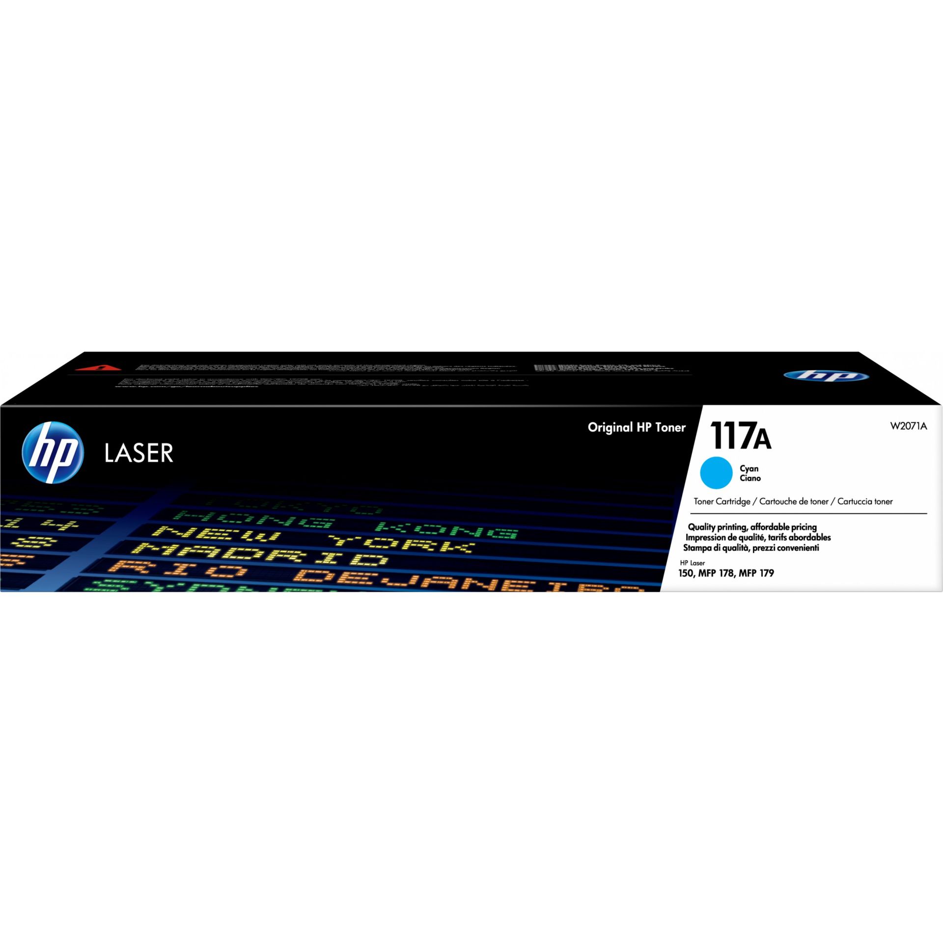 HP Toner 117A in cyan in einer schwarz-weißen Verpackung mit HP Logo