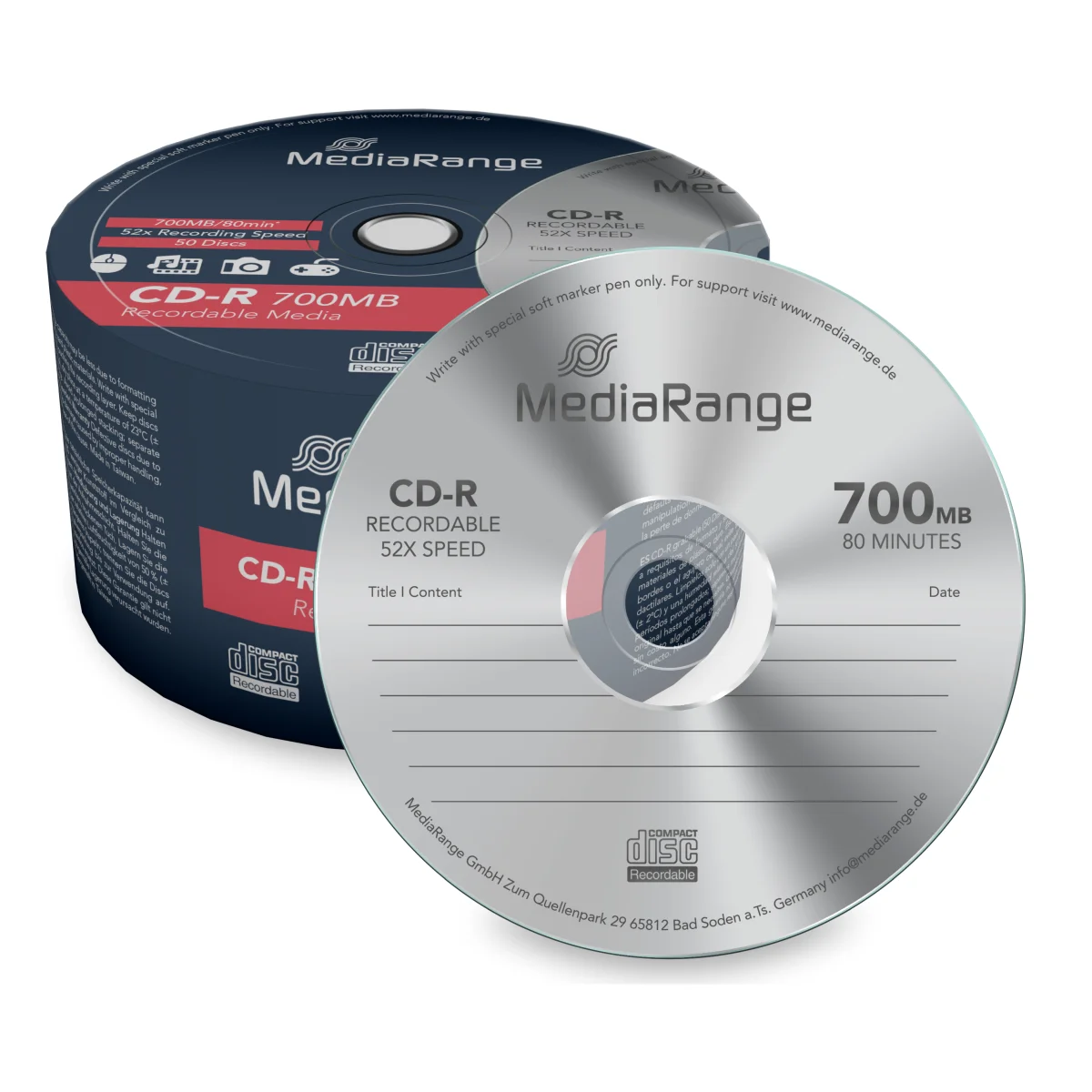MediaRange CD-R Rohlinge - 700MB/80Min, 52-fach/Spindel, Packung mit 50 Stück