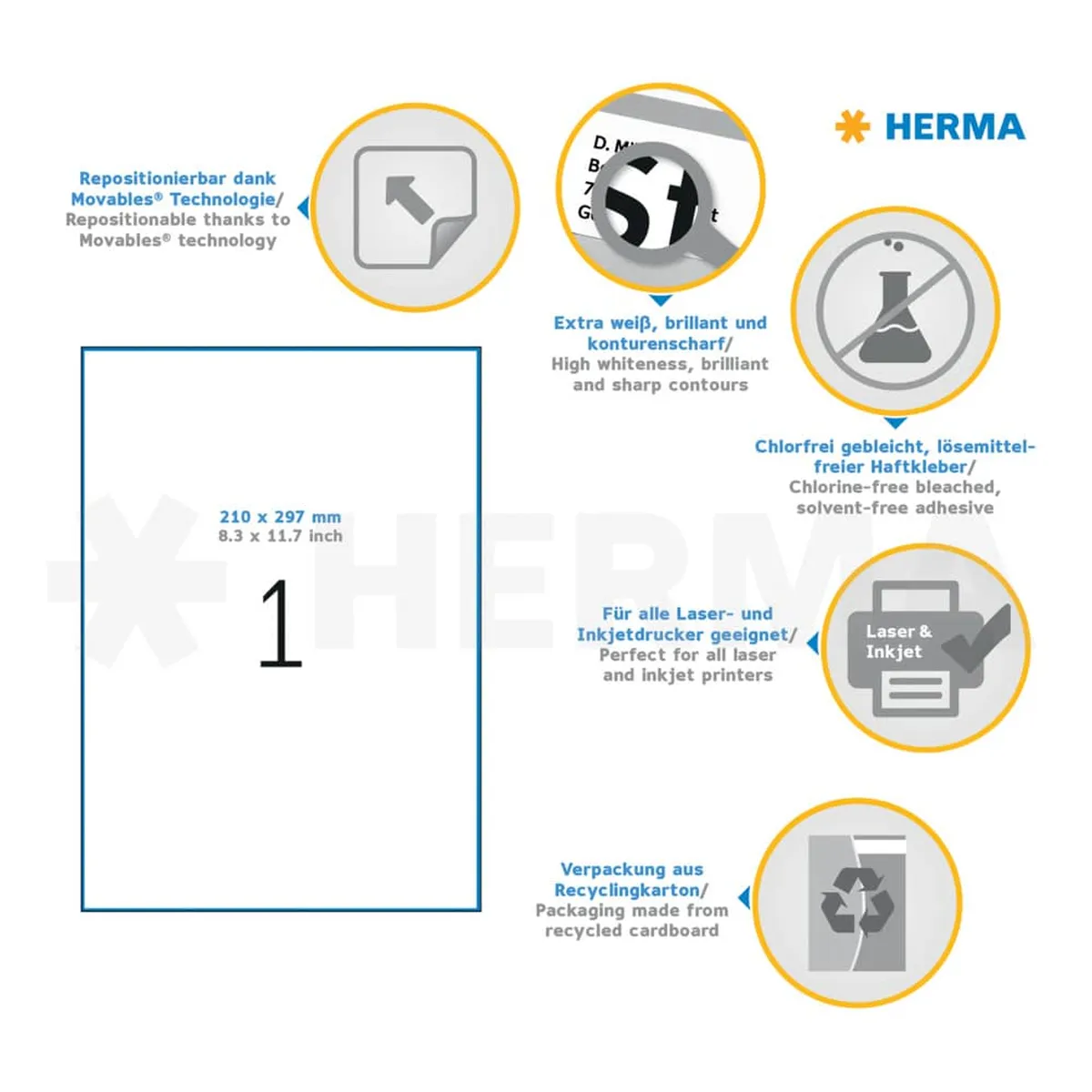 HERMA Universaletiketten - 210 x 297 mm, weiß, ablösbar, matt, 100 Stück