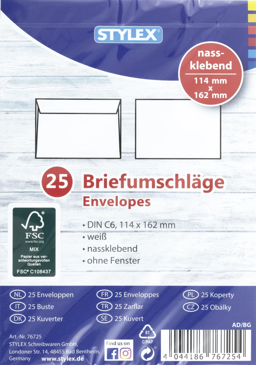 Stylex Briefumschläge, DIN C6, 25 Stück