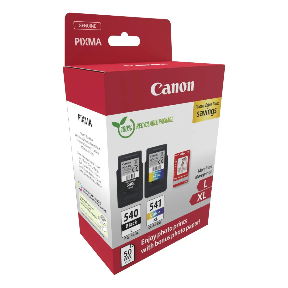 Druckerpatronen ValuePack Canon PG-540L+CL-541XL schwarz 11 ml | 300 Seiten + farbig 15 ml | 400 Seiten + Fotoglanzpapier 10x15 50 Blatt (5224B012)