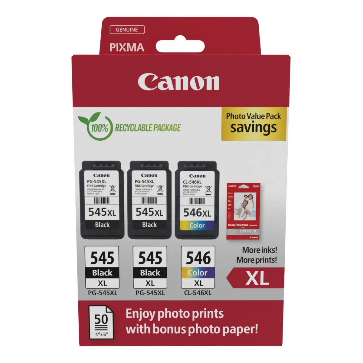 Canon Multipack 'PG-545XL+CL-546XL' 2x schwarz +1x farbig +50 Blatt Fotopapier PVP