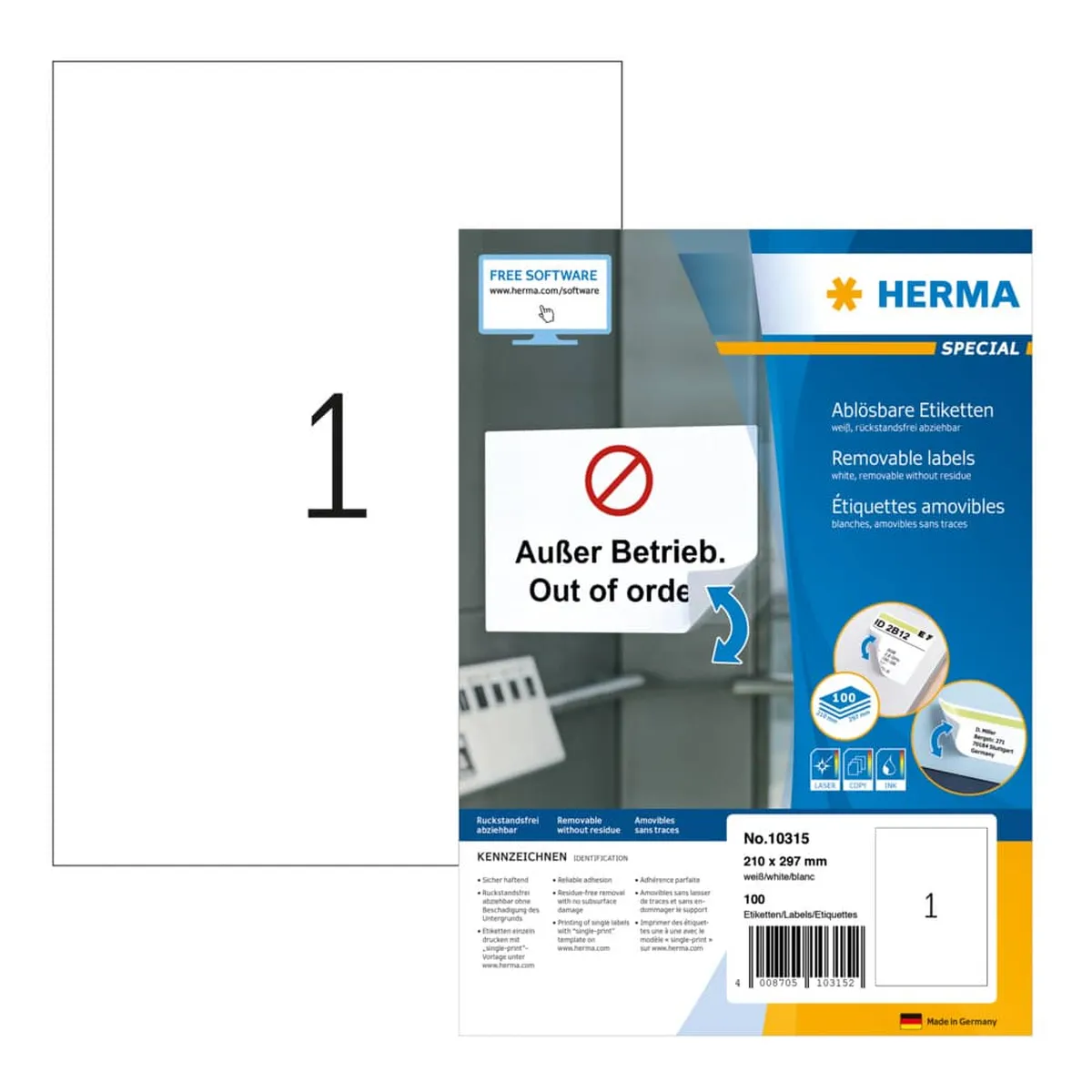 HERMA Universaletiketten - 210 x 297 mm, weiß, ablösbar, matt, 100 Stück