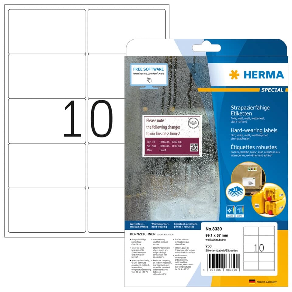 HERMA Folienetiketten - 99,1 x 57,0 mm, weiß, extrem stark haftend, matt, Rand, 250 Stück