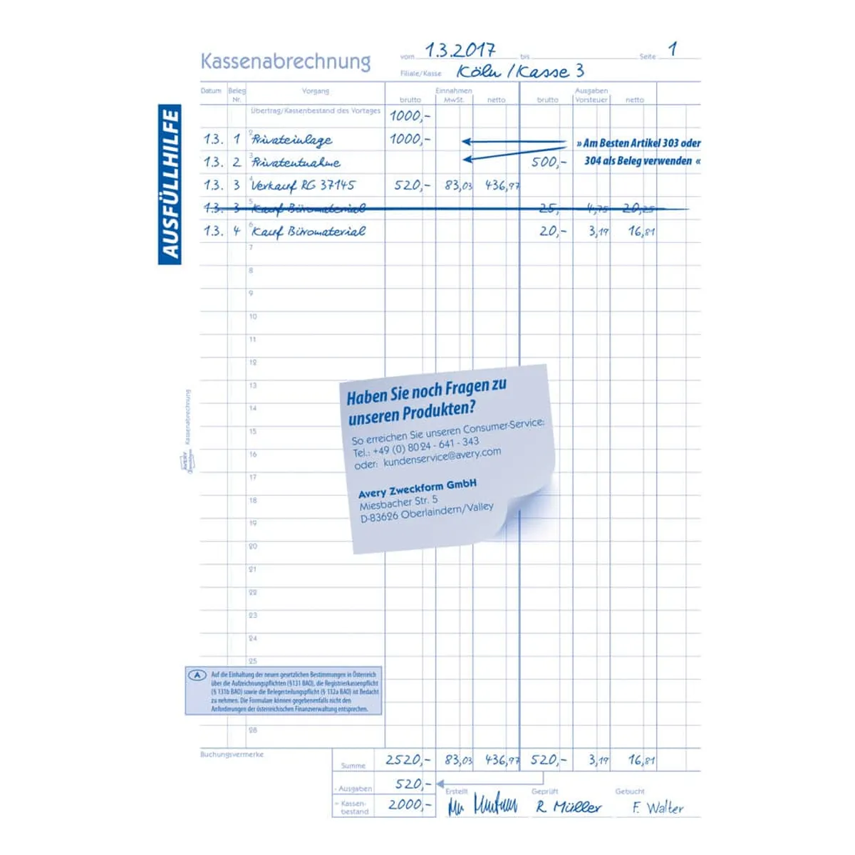 AVERY ZWECKFORM Kassenabrechnung - MwSt.-Spalte, A4, Recycling, Blaupapier, 2x 50 Blatt