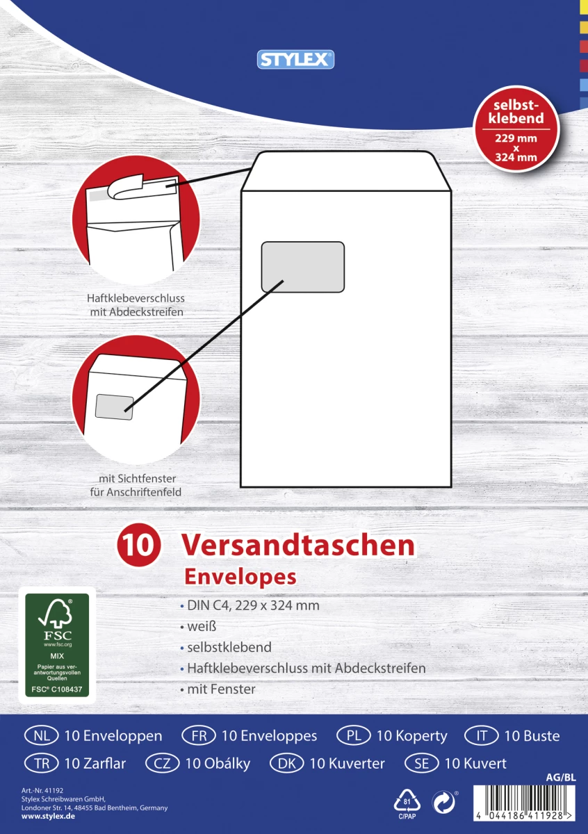 Stylex Versandtaschen, DIN C4, mit Fenster, 10 Stück, FSC