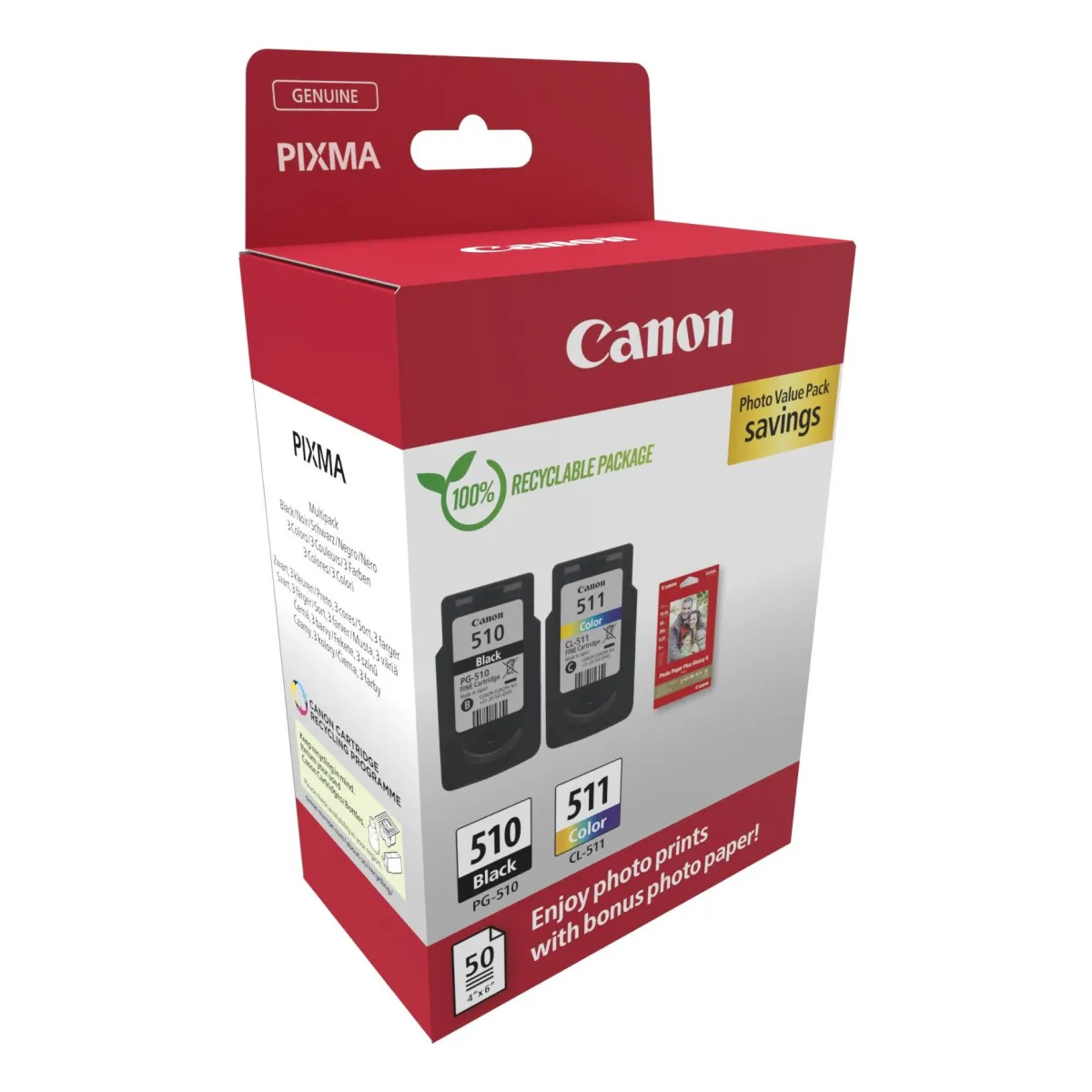 Druckerpatronen ValuePack Canon 'PG-510 / CL-511' schwarz + farbig 18 ml | 464 Seiten + Fotopapier