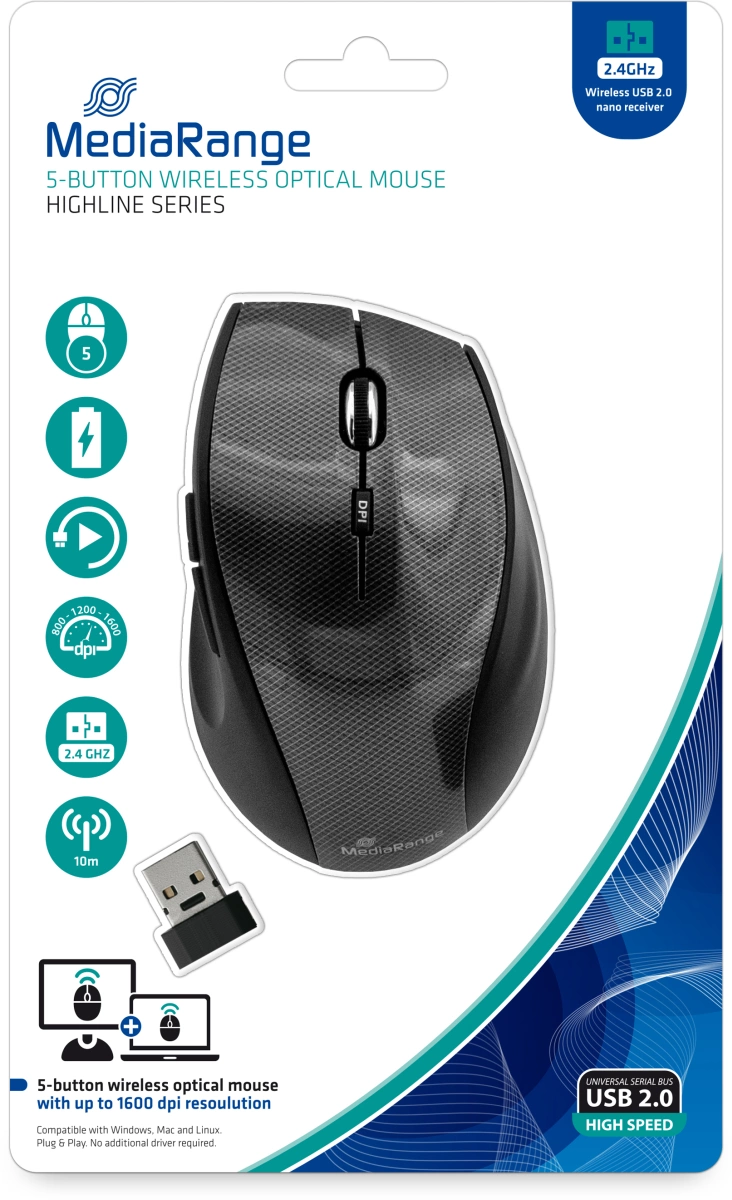 MediaRange Optische 5-Tasten Funk-Maus HIGHLINE, schwarz/grau