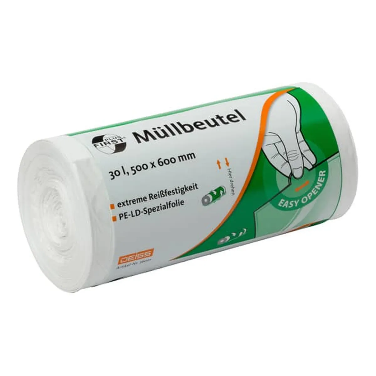 DEISS Müllbeutel First Plus - 30 Liter, weiß, 50 Stück, LDPE