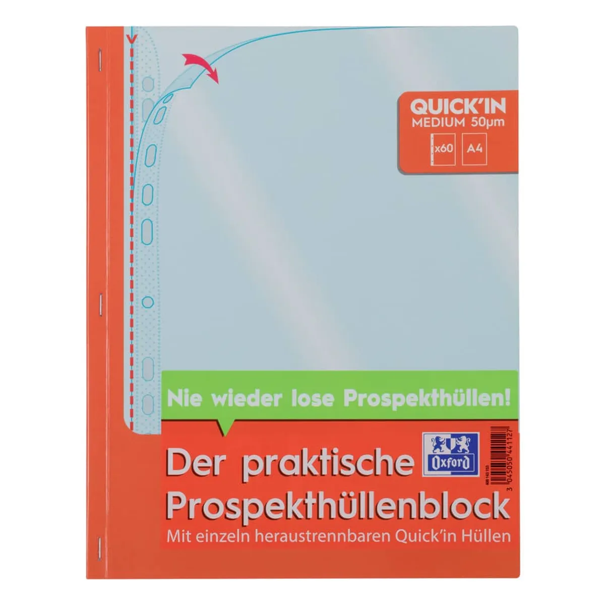 OXFORD Prospekthüllenblock Economy Quick´In A4, PP, 0,05mm, glasklar, blendfrei, dokumentenecht, oben offen (extra weit), 60 Stück
