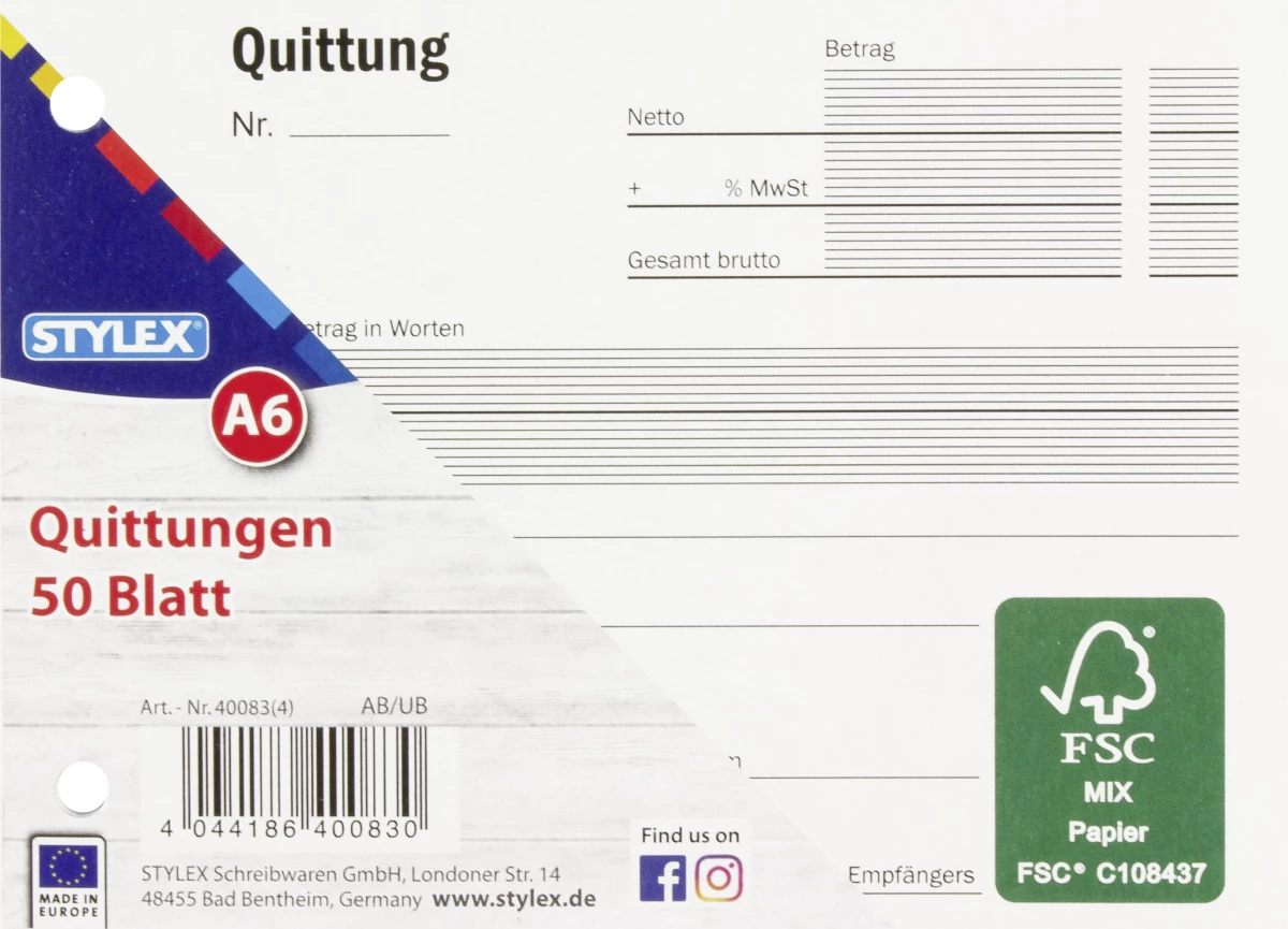 Stylex Quittungen, DIN A6, 50 Blatt, FSC