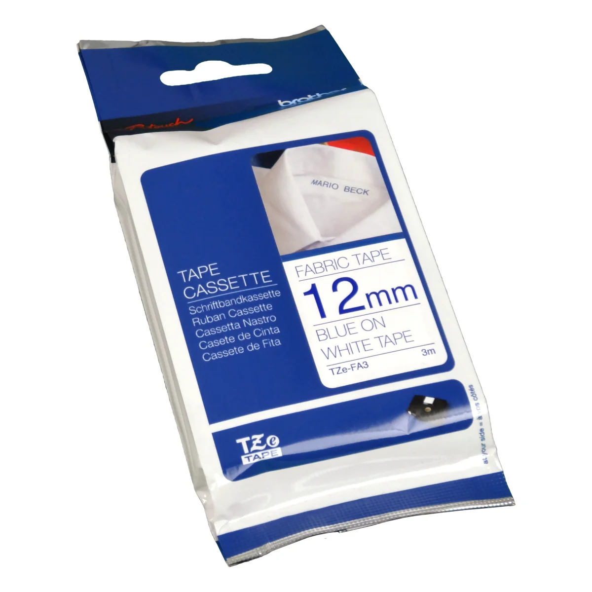Brother P-Touch Band TZe-FA3  blau auf weiß  12mm / 3m  nicht laminiert  Aufbügelschrift