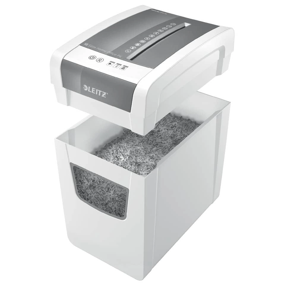 Leitz Aktenvernichter IQ Slim Home Office - Partikelschnitt P4, 10 Blatt, weiß