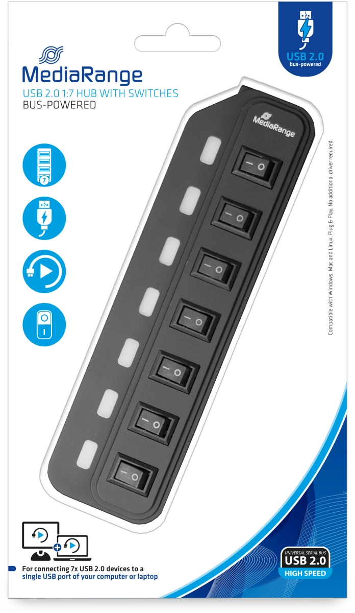 MediaRange USB 2.0 Hub 1:7 mit seperaten Ein-/Aus-Schaltern