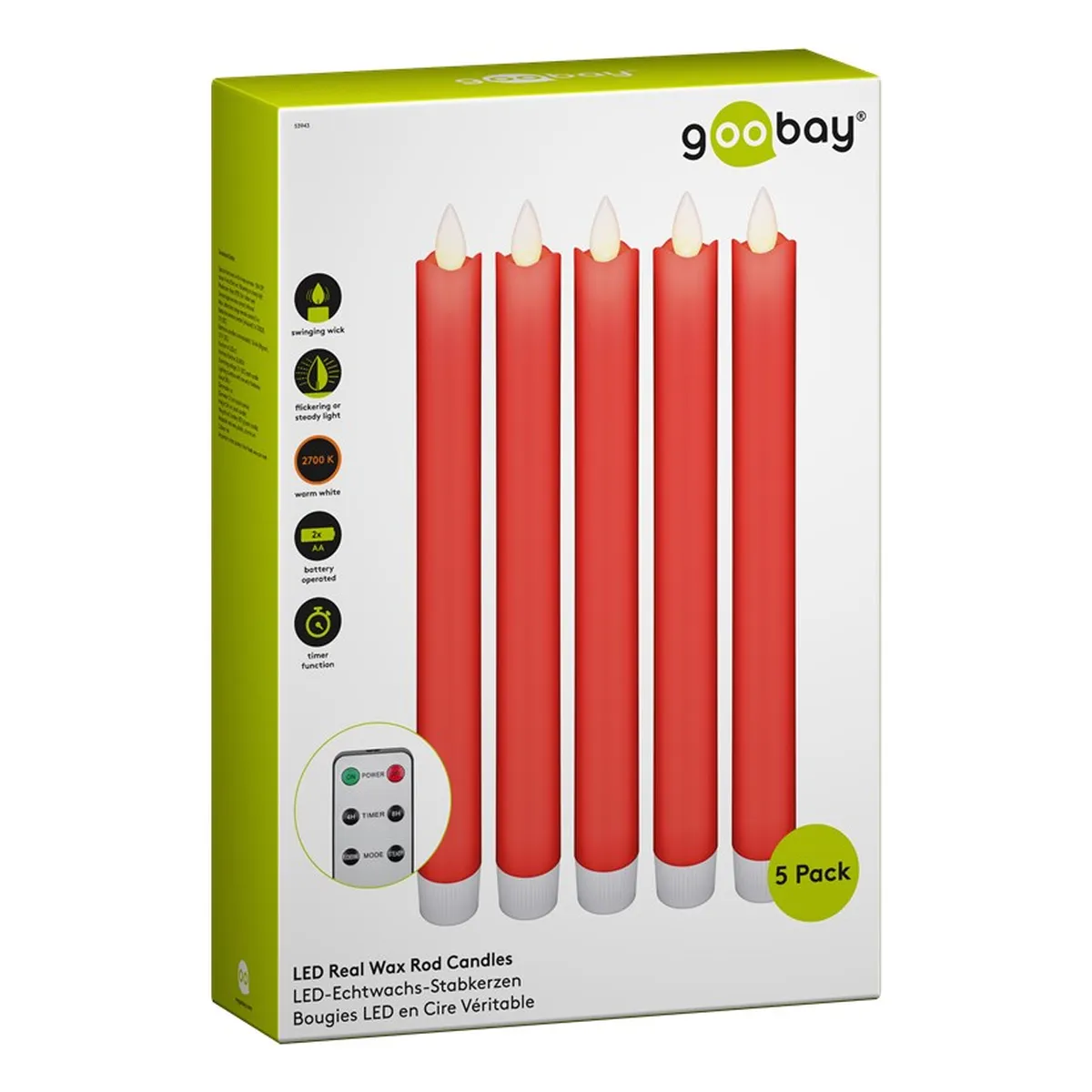 Goobay 5er-Set rote LED-Echtwachs-Stabkerzen, inkl. Fernbedienung