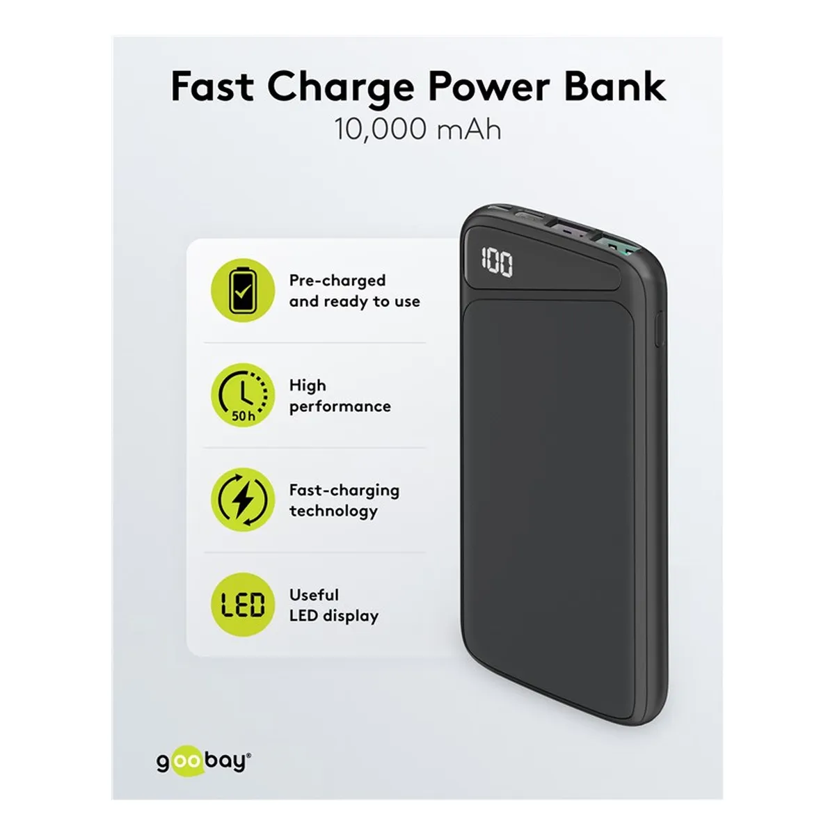 Goobay Schnelllade-Powerbank 10.000 mAh (USB-C™ PD, QC 3.0)