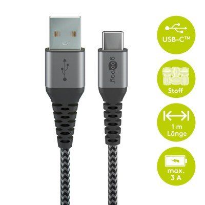 USB-C™ auf USB-A Textilkabel mit Metallsteckern (space grau/silber) 1 m