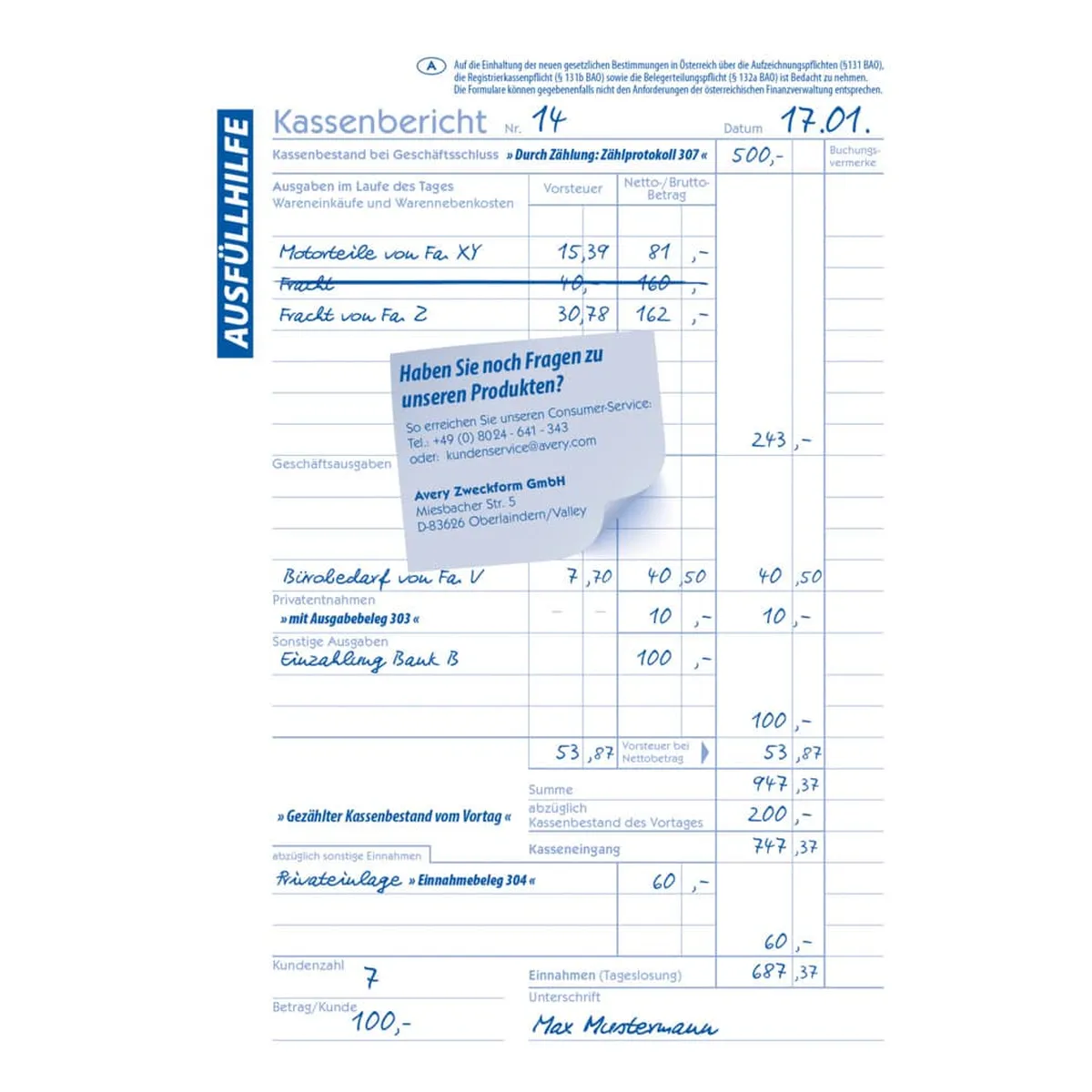 AVERY ZWECKFORM Kassenbericht Recycling - A5, MP, BP, 50 Originale