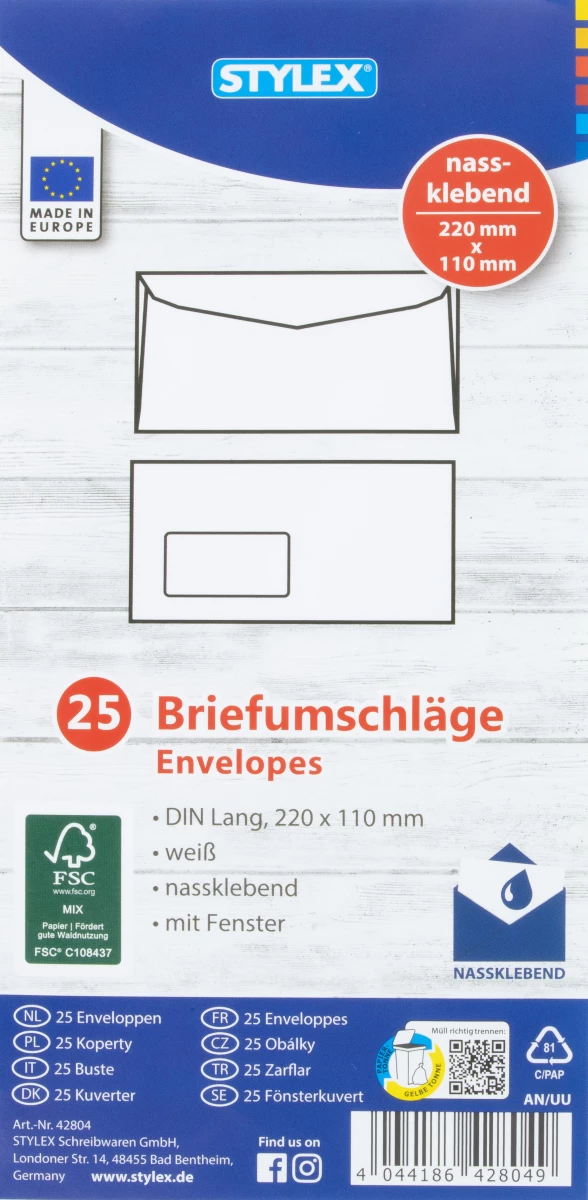 Stylex Briefumschläge, DIN Lang, mit Fenster, 25 Stück
