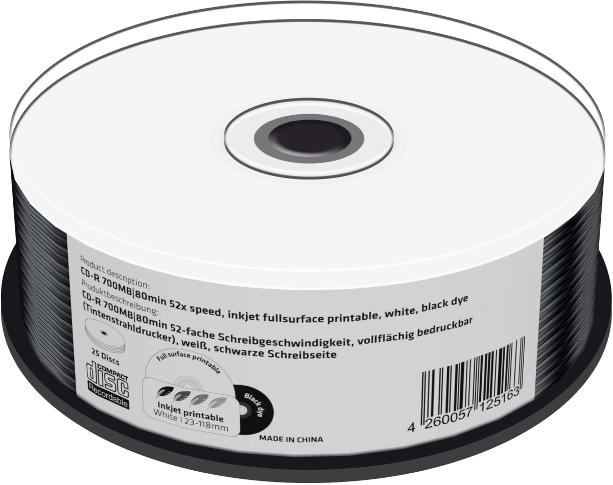 MediaRange CD-R 700MB 80min 52-fach vollflächig bedruckbar 25 Stück