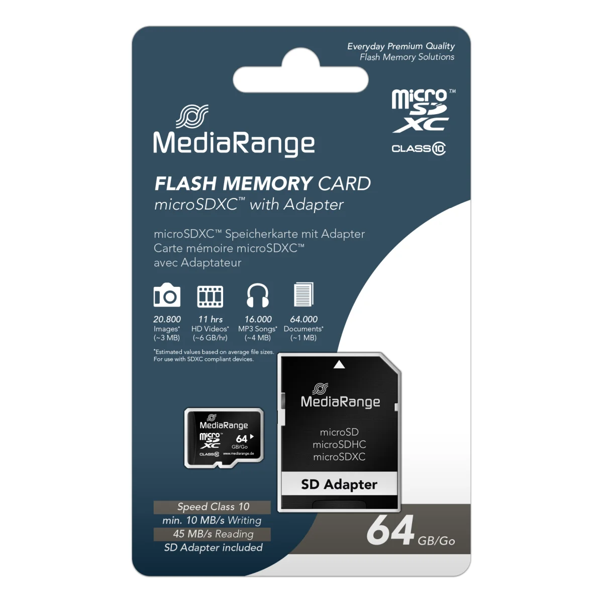 MediaRange Micro SDXC Speicherkarte 64GB Klasse 10 SD-Karten Adapter
