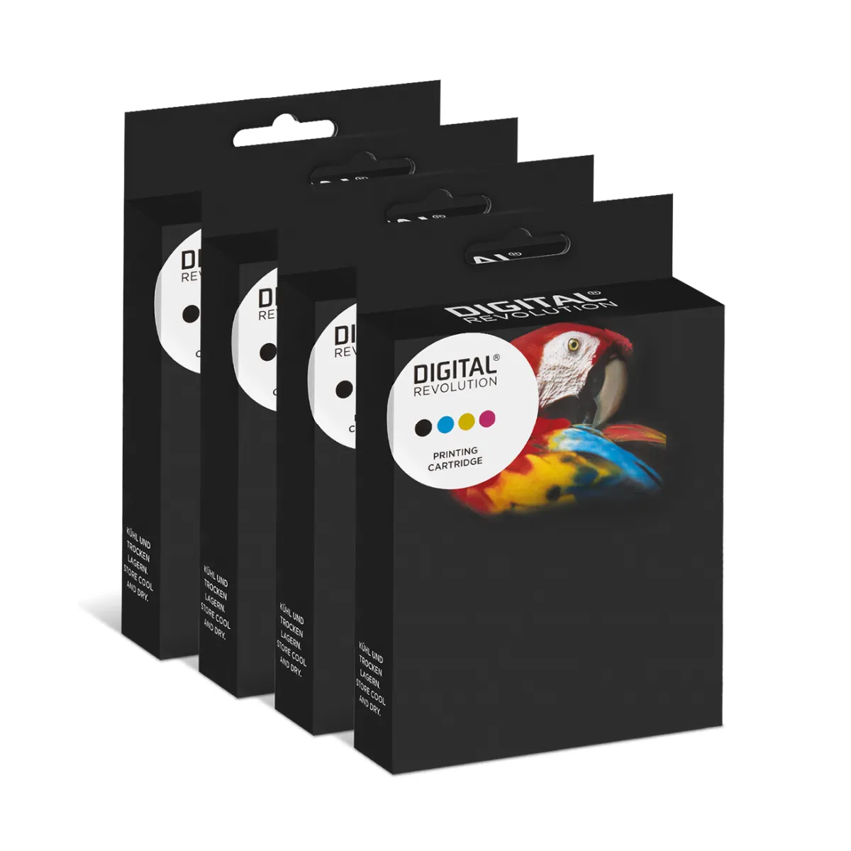 Brother LC-421 - alternative Patrone MultiPack 'schwarz cyan magenta gelb' 2000 Seiten - Digital Revolution Digital Revolution alternative Patrone Tinte Brother LC-421XLVAL schwarz cyan magenta gelb, schwarze Verpackung mit Papagei auf weißem Hintergrund