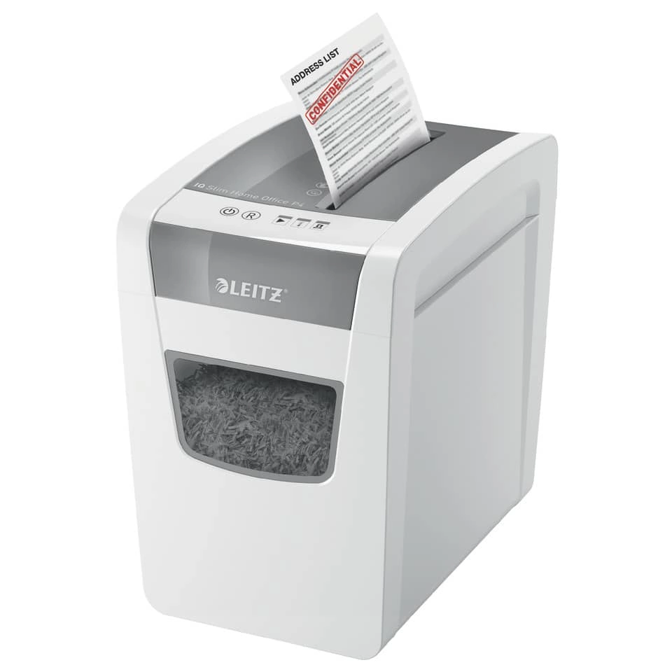 Leitz Aktenvernichter IQ Slim Home Office - Partikelschnitt P4, 10 Blatt, weiß