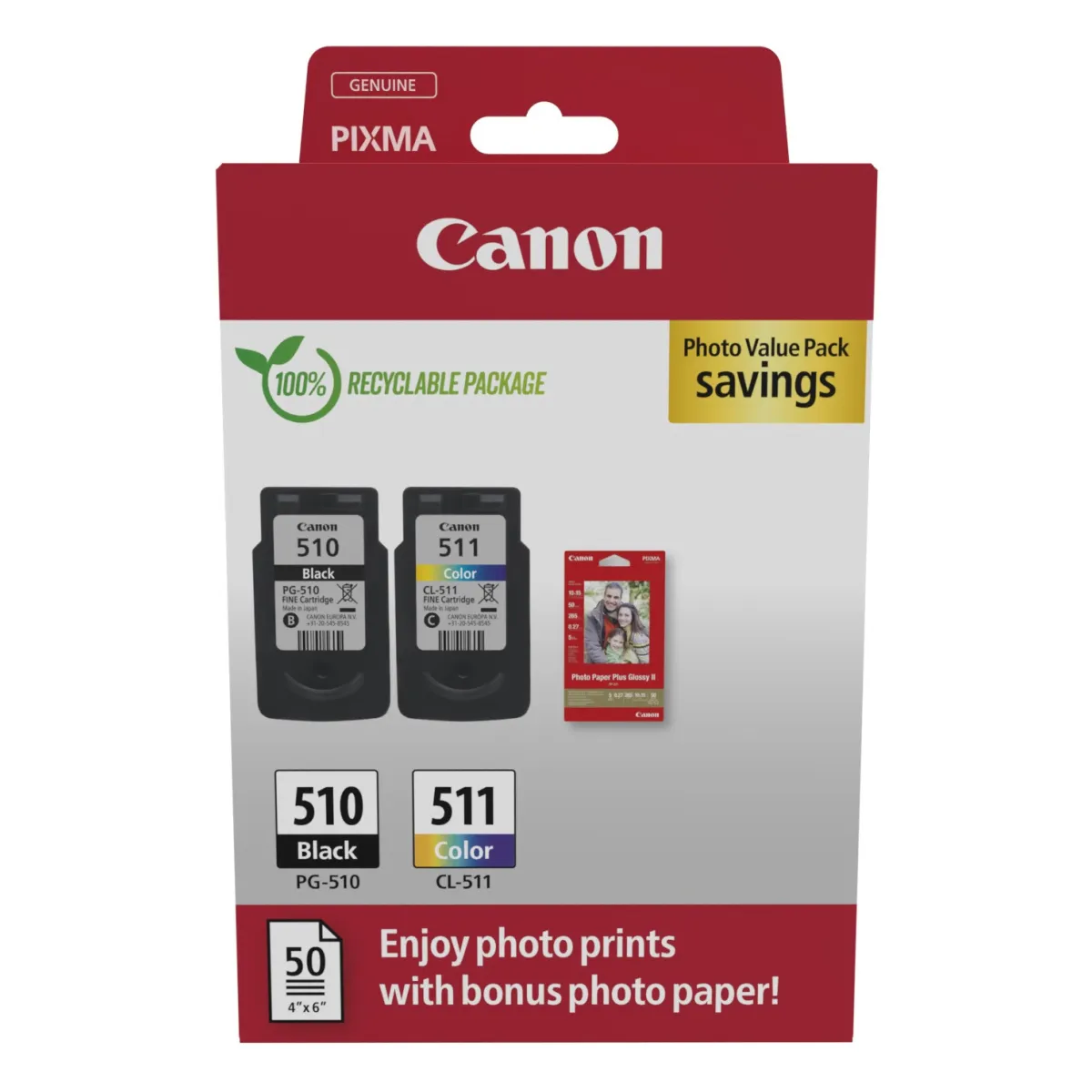 Druckerpatronen ValuePack Canon 'PG-510 / CL-511' schwarz + farbig 18 ml | 464 Seiten + Fotopapier