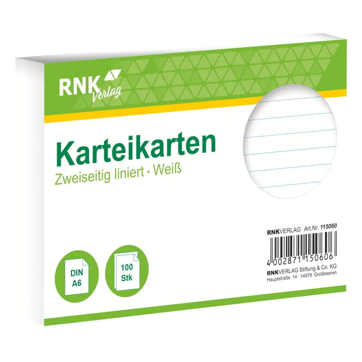 RNK Verlag Karteikarten - DIN A6, liniert, weiß, 100 Karten