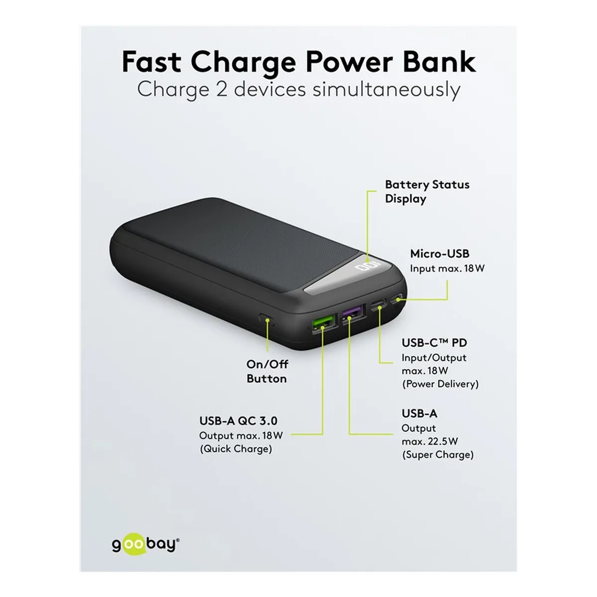 Goobay Schnelllade-Powerbank 20.000 mAh (USB-C™ PD, QC 3.0)