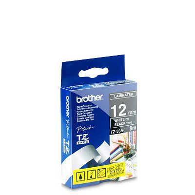 Brother Schriftband 12 mm TZE-335 in Verpackung vor weißem Hintergrund