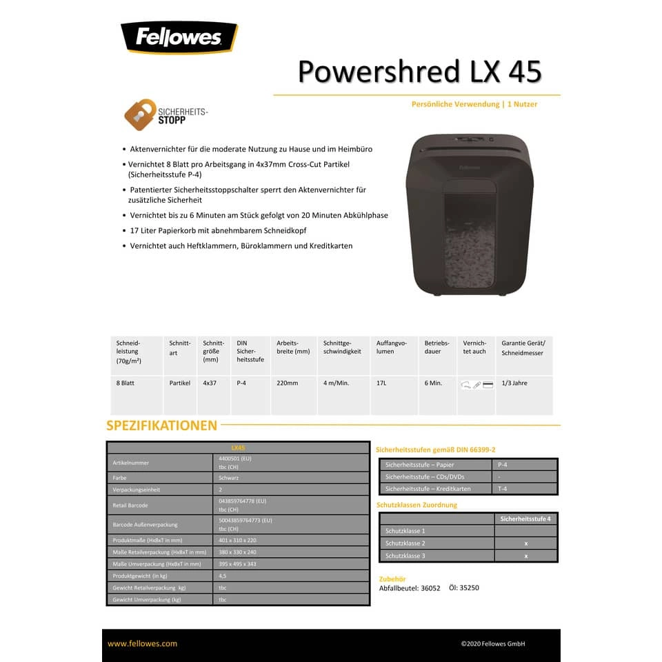 Fellowes Aktenvernichter Powershred® - LX45 Partikelschnitt, schwarz