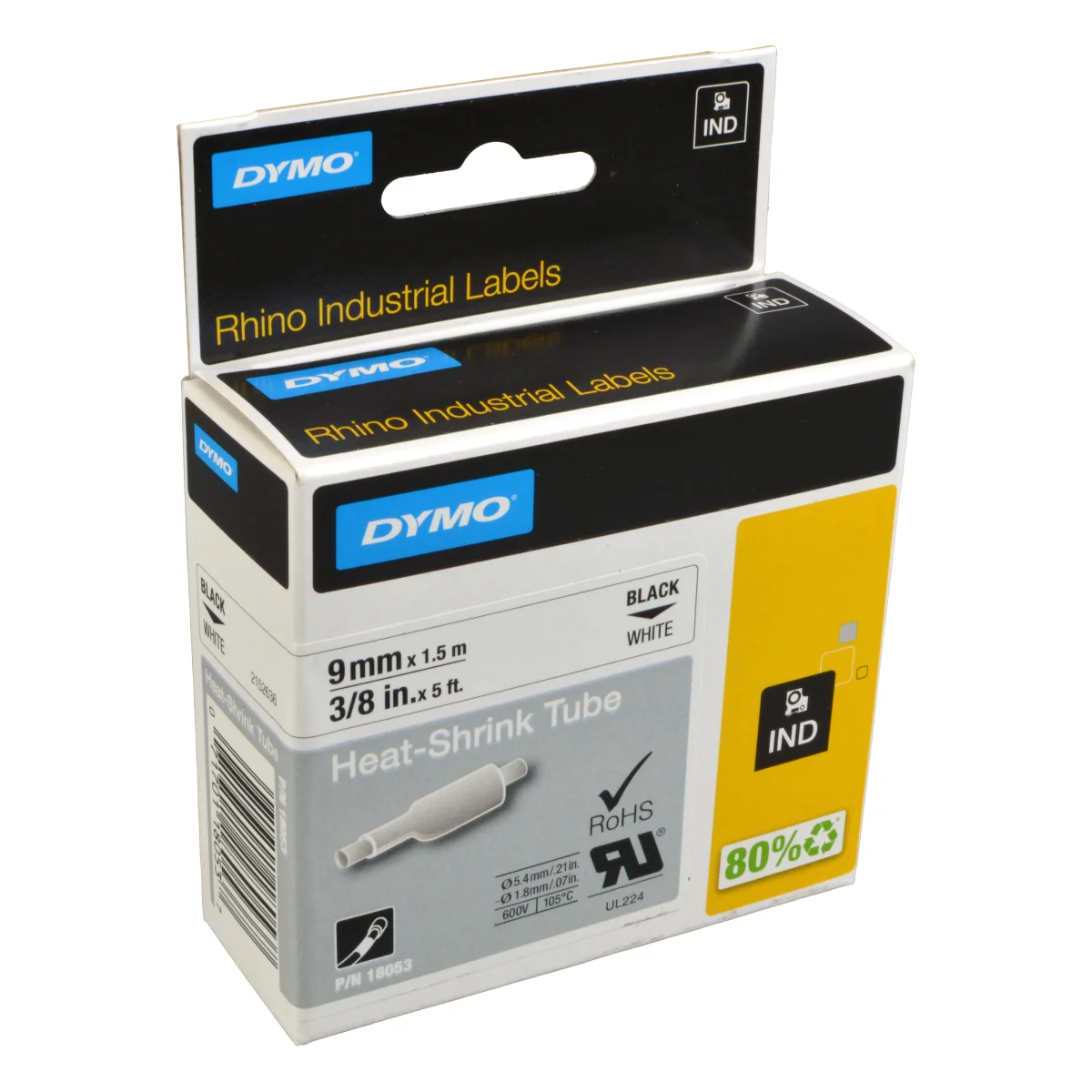 Dymo Schrumpfschlauch IND 18053 (S0718280) schwarz auf weiß  9mm x 1,5m