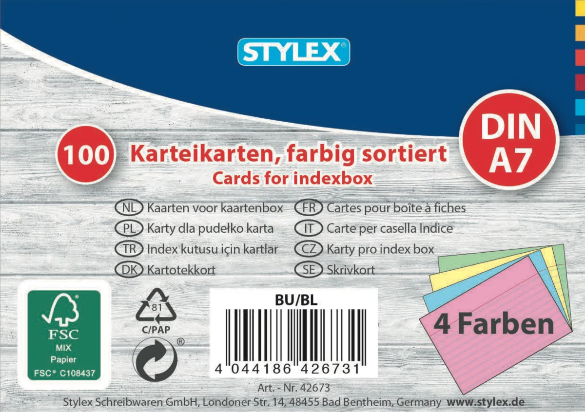 Stylex Karteikarten, DIN A7, farbig sortiert, 100 Stück, FSC