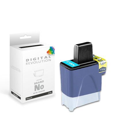 Alternative Patrone Brother LC-900 C / LC-47 C in Cyan, 16,6 ml, von Digital Revolution, mit Verpackung im Hintergrund